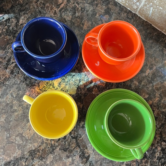 Homer Laughlin Multi Colour Tea Cup and Saucer Set x 7 - Picture 2 of 5